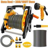 FLAVORA Hose Reel + 30M/100FT Hose Garden Hose Reel Trolley in Black | Size: 100g