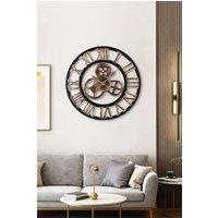 Living and Home 58cm Industrial Gold Roman Numeral Silent Wall Clock with Gear Design
