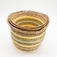 Serenityy Set of 3 seagrass & straw baskets, natural yellow & green | Size: 3 Pack