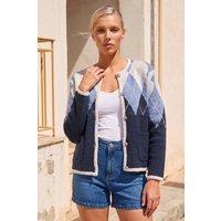 Roman Women's Petite Buttoned Argyle Knit Cardigan in Navy | Size: 16