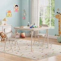 London Boutique 3PCS Kids Folding Table & Chair Set Dining Table &2 Upholstered Chairs in Beige