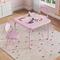 London Boutique 3PCS Kids Folding Table & Chair Set Dining Table &2 Upholstered Chairs in Pink