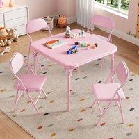 London Boutique 5PCS Kids Folding Table & Chair Set Dining Table &4 Upholstered Chairs in Pink