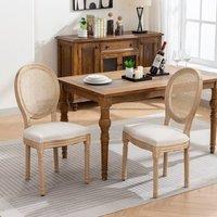 HomeTouch Set of 6 French Style Rattan Back Kitchen Dining Chairs with Linen Fabric Upholstered Seat in Beige | Size: 6 Pack