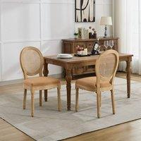 HomeTouch Set of 6 French Style Rattan Back Kitchen Dining Chairs with Linen Fabric Upholstered Seat in Light Brown | Size: 6 Pack