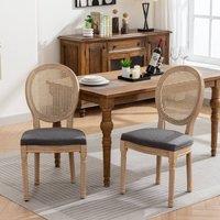 HomeTouch Set of 6 French Style Rattan Back Kitchen Dining Chairs with Linen Fabric Upholstered Seat in Grey | Size: 6 Pack