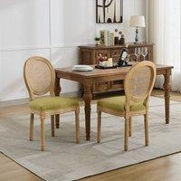HomeTouch Set of 6 French Style Rattan Back Kitchen Dining Chairs with Linen Fabric Upholstered Seat in Light Green | Size: 6 Pack