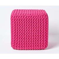 Homescapes Cube Cotton Knitted Pouffe Footstool in Pink