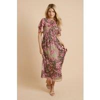 Dorothy Perkins Women's Green Patchwork Flutter Sleeve Frill Yoke Printed Chiffon Midaxi Dress | Size: 16