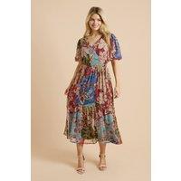 Dorothy Perkins Women's Patchwork Floral Wrap Front Puff Sleeve Tiered Maxi Dress | Size: 16