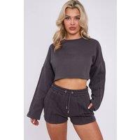 STYLEWISE Women's Seam Detail - Oversized Fleece - Crop Top & Shorts Co-ord in Charcoal | Size: Large