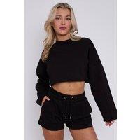 STYLEWISE Women's Seam Detail - Oversized Fleece - Crop Top & Shorts Co-ord in Black | Size: Large