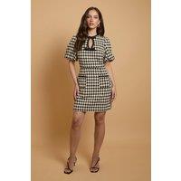 Oasis Women's Houndstooth Puff Sleeve Mini Dress with bows in Mono | Size: 12