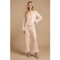 Oasis Women's Hen High Waisted Sequin Feather Trim Trouser in Champagne | Size: 14