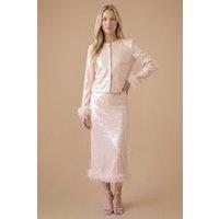 Oasis Women's Hen Sequin Feather Trim Midi Skirt in Champagne | Size: 10