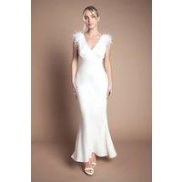 Coast Women's Petite Feather Shoulder Detail V Neck Satin Wedding Dress in Ivory | Size: 12
