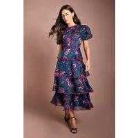 Coast Women's Lace Trim Tiered Puff Sleeve Printed Midi Dress in Blue | Size: 12