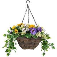 Christow Artificial Pansy Wicker Hanging Basket UV Resistant Foliage 25cm in Yellow