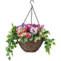 Christow Artificial Pansy Wicker Hanging Basket UV Resistant Foliage 25cm in Purple