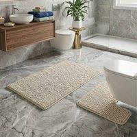 Snug City 2PC Chenille Loop Design Bath Mat Soft Absorbent Non Slip Bathroom in Cream | Size: 50 x 80 cm