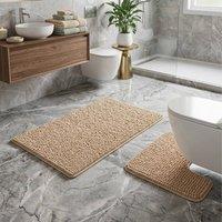 Snug City 2PC Chenille Loop Design Bath Mat Soft Absorbent Non Slip Bathroom in Beige | Size: 50 x 80 cm