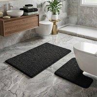 Snug City 2PC Chenille Loop Design Bath Mat Soft Absorbent Non Slip Bathroom in Black | Size: 50 x 80 cm