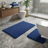 Snug City 2PC Chenille Loop Design Bath Mat Soft Absorbent Non Slip Bathroom in Blue | Size: 50 x 80 cm