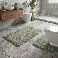 Snug City 2PC Chenille Loop Design Bath Mat Soft Absorbent Non Slip Bathroom in Green | Size: 50 x 80 cm