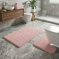 Snug City 2PC Chenille Loop Design Bath Mat Soft Absorbent Non Slip Bathroom in Pink | Size: 50 x 80 cm