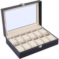 Dyzi Men's 12 Slot Faux Leather Watch Box Transparent Lid Velvet Lined Organiser in Black