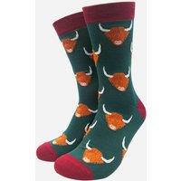 Sock Talk Men's Scottish Highland Cows Bamboo Socks in Green | Size: 7-11