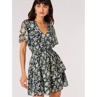 Apricot Women's Watercolour Rose Tiered Mini Dress in Navy | Size: 12