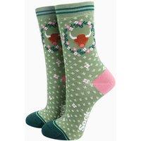 Sock Talk Women's Highland Cow & Floral Wreath Bamboo Socks in Green | Size: 3-7