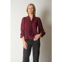 SOLO Women's Tie Neck Long Sleeve Top with Ruffle Cuffs in Wine | Size: 10