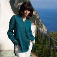 Lands' End Women's Petite Premium Pure Linen Oversized Shirt in Teal | Size: Large