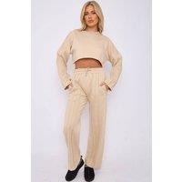 STYLEWISE Women's Seam Detail Fleece Co-ord - Oversized Crop Top & Joggers Set in Stone | Size: S/M