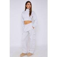 STYLEWISE Women's Cropped Zip Sweatshirt & Cargo Trouser Tracksuit Co-ord in Grey | Size: Medium/Large