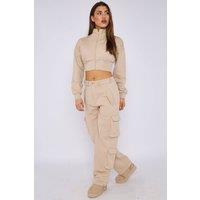 STYLEWISE Women's Cropped Zip Sweatshirt & Cargo Trouser Tracksuit Co-ord in Ecru | Size: S/M