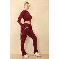 STYLEWISE Women's Loopback Cropped Zip Up Hoodie - Cargo Trousers Co-ord Set in Wine | Size: XS/S