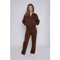 STYLEWISE Women's Fleece Zipper - Oversized Bomber Style - Co-ord Set in Chocolate | Size: S/M