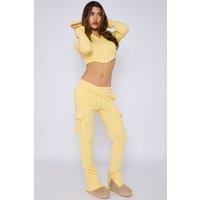STYLEWISE Women's Loopback Cropped Zip Up Hoodie - Cargo Trousers Co-ord Set in Yellow | Size: S/M