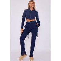 STYLEWISE Women's Loopback Cropped Zip Up Hoodie - Cargo Trousers Co-ord Set in Navy | Size: XS/S