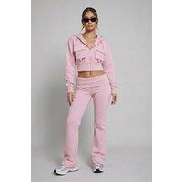STYLEWISE Women's Hooded Top & Fold Over Waist Trouser Fleece Co-ord Set in Pink | Size: Small