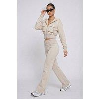 STYLEWISE Women's Hooded Top & Fold Over Waist Trouser Fleece Co-ord Set in Beige | Size: Medium