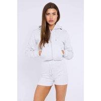 STYLEWISE Women's Zipped Hooded Crop Top & Seam Detail Shorts Fleece Co-ord in Grey | Size: XS