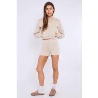 STYLEWISE Women's Zipped Hooded Crop Top & Seam Detail Shorts Fleece Co-ord in Stone | Size: Small