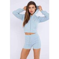 STYLEWISE Women's Zipped Hooded Crop Top & Seam Detail Shorts Fleece Co-ord in Pale Blue | Size: Medium