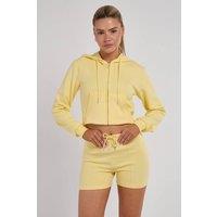 STYLEWISE Women's Zipped Hooded Crop Top & Seam Detail Shorts Fleece Co-ord in Yellow | Size: Small