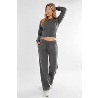 STYLEWISE Women's Cropped Zip Up Sweatshirt & Wide Leg Trouser Tracksuit in Dark Grey | Size: Small