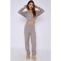 STYLEWISE Women's Cropped Zip Hoodie & Flared Trouser Set - Interlock - Co-ord Set in Light Grey | Size: Small